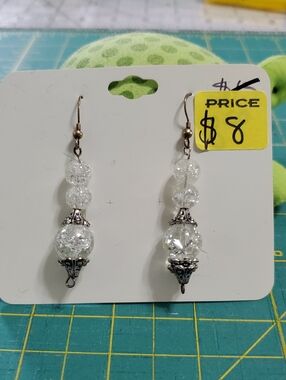 Crystal Crackle Bead Drop Earrings with Silver Accents - Clear